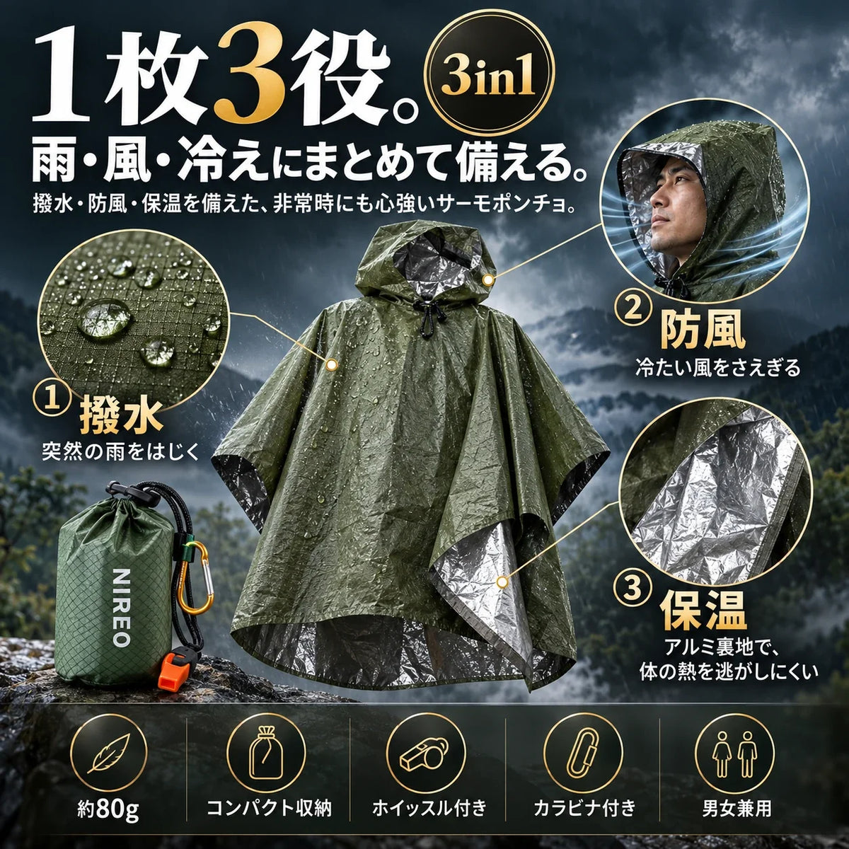 1枚3役。撥水・防風・保温で雨・風・冷えにまとめて備える。